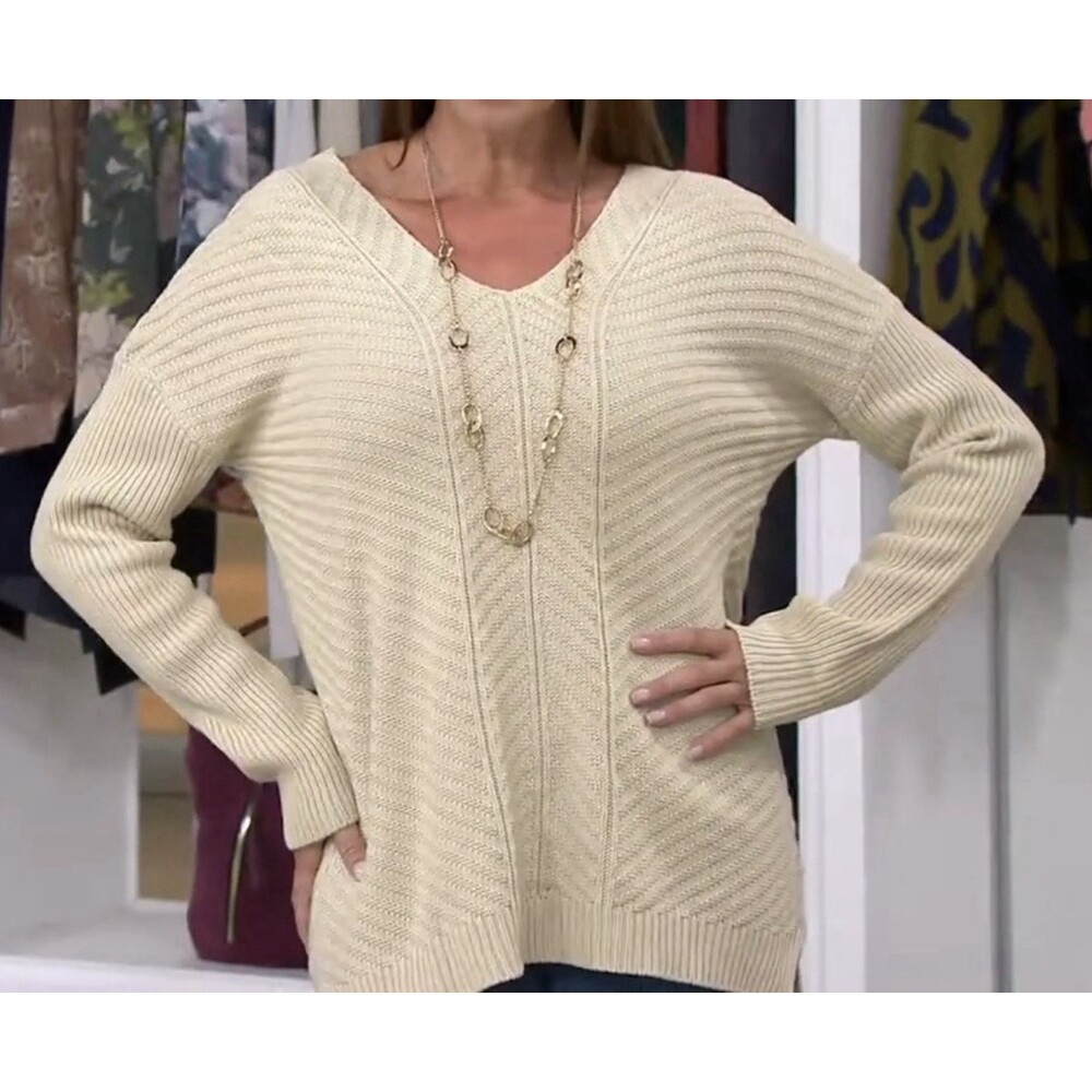 Lisa Rinna Collection Drop Shoulder Oatmeal Vanilla Cream V Neck Knit Sweater